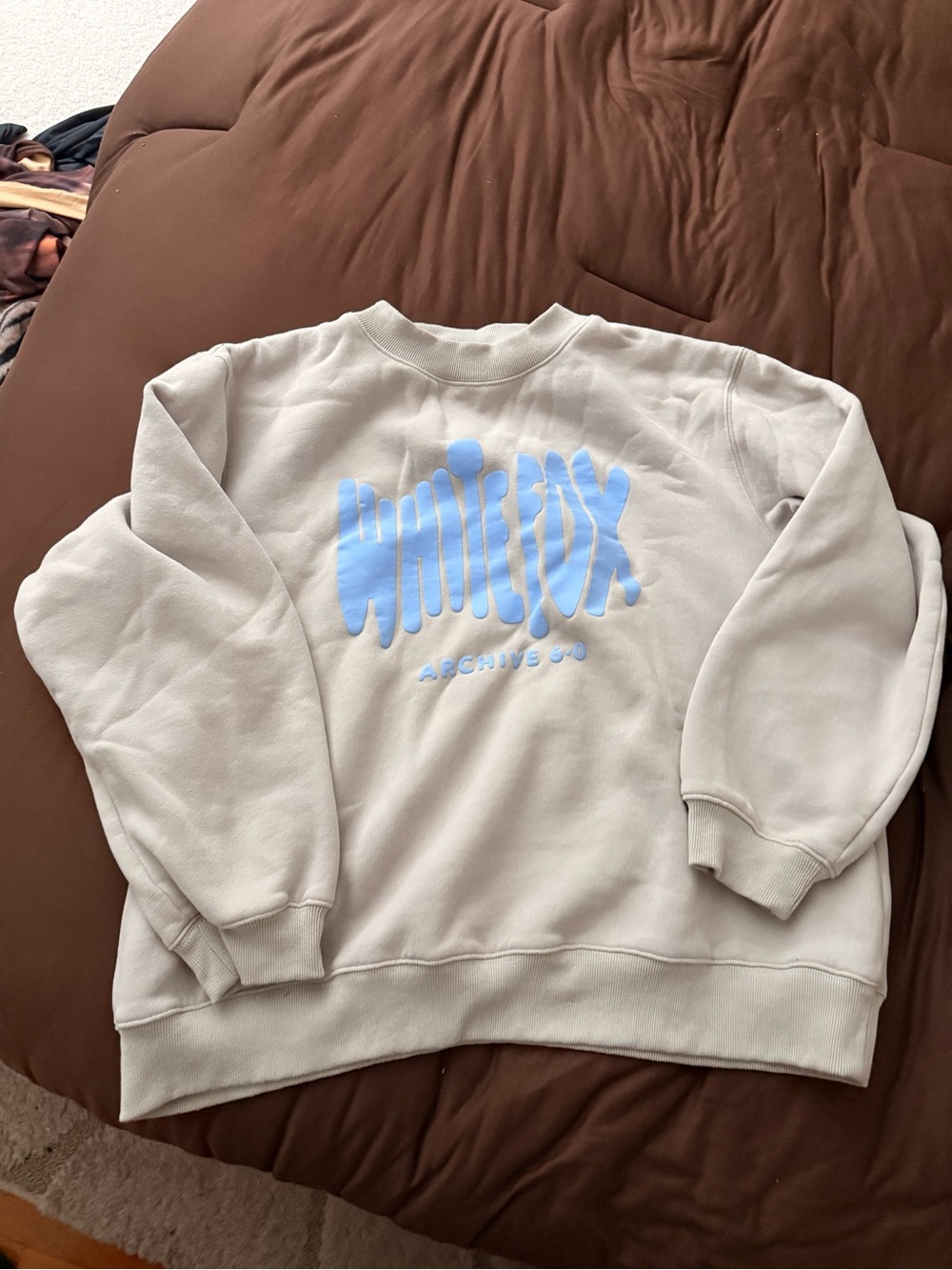 White Fox Boutique Crewneck Sweatshirt - Cream with Light Blue Logo